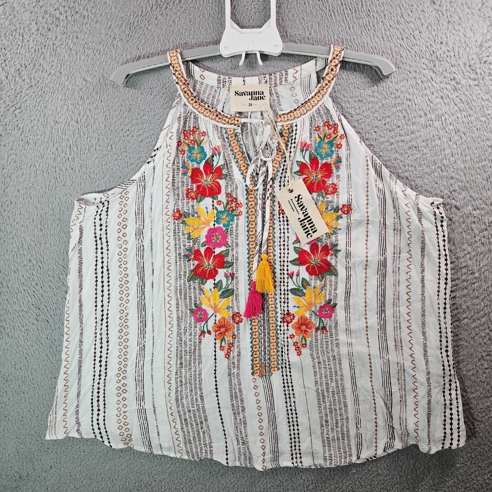NEW Savanna Jane Sleeveless Tank Top Women 2X Floral Embroidered Boho White NEW‎